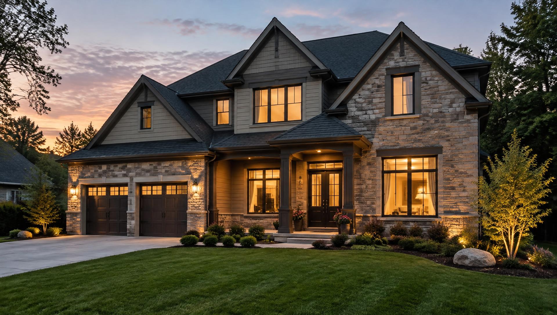 Stone and wood two-story home at dusk